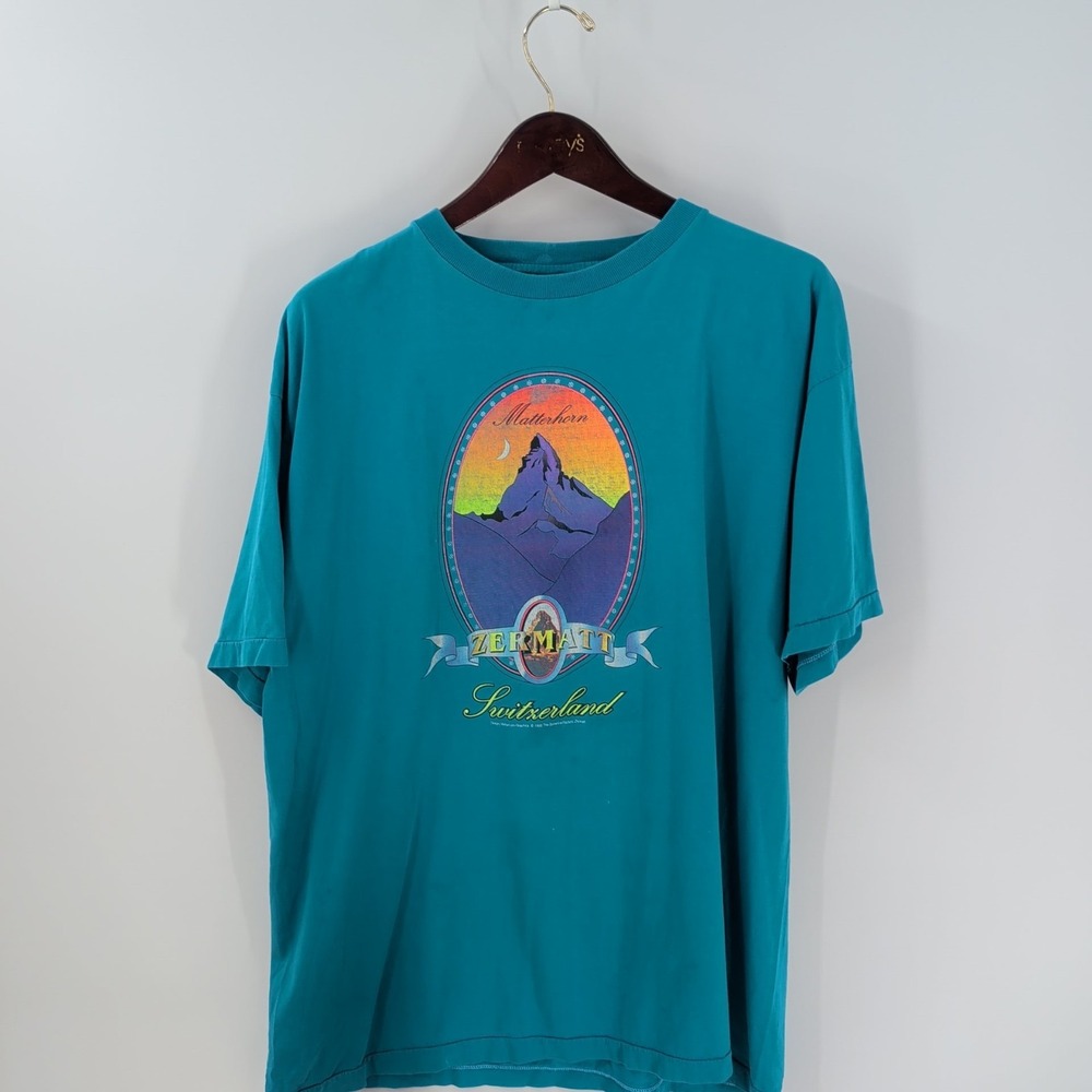 Vintage 90's Detto Fatto Matterhorn Zermatt Graphic T-Shirt‎ Sky Blue Size XL